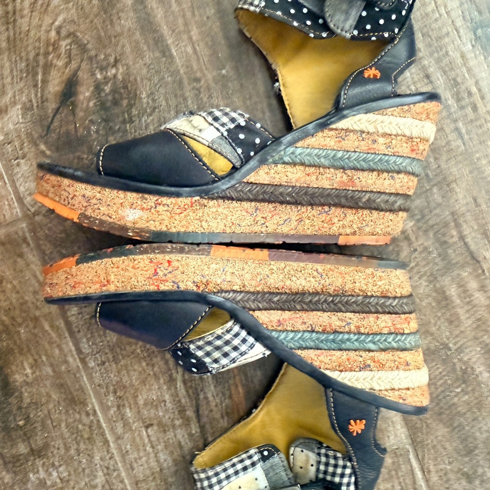 Art Vintage Women's Patchwork Gingham Dot Black Leather Jute Wedge Sandals,39 - Picture 10 of 12